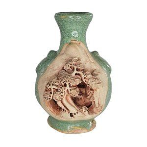 Vintage Banko Ware Carved Pottery Vase Tree Landscape 4” Japan Art